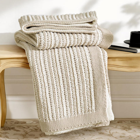 Striped Knit Throw Blanket, Dual-Sided Soft Chenille Decorative Blankets, 50"x60", Khaki & White