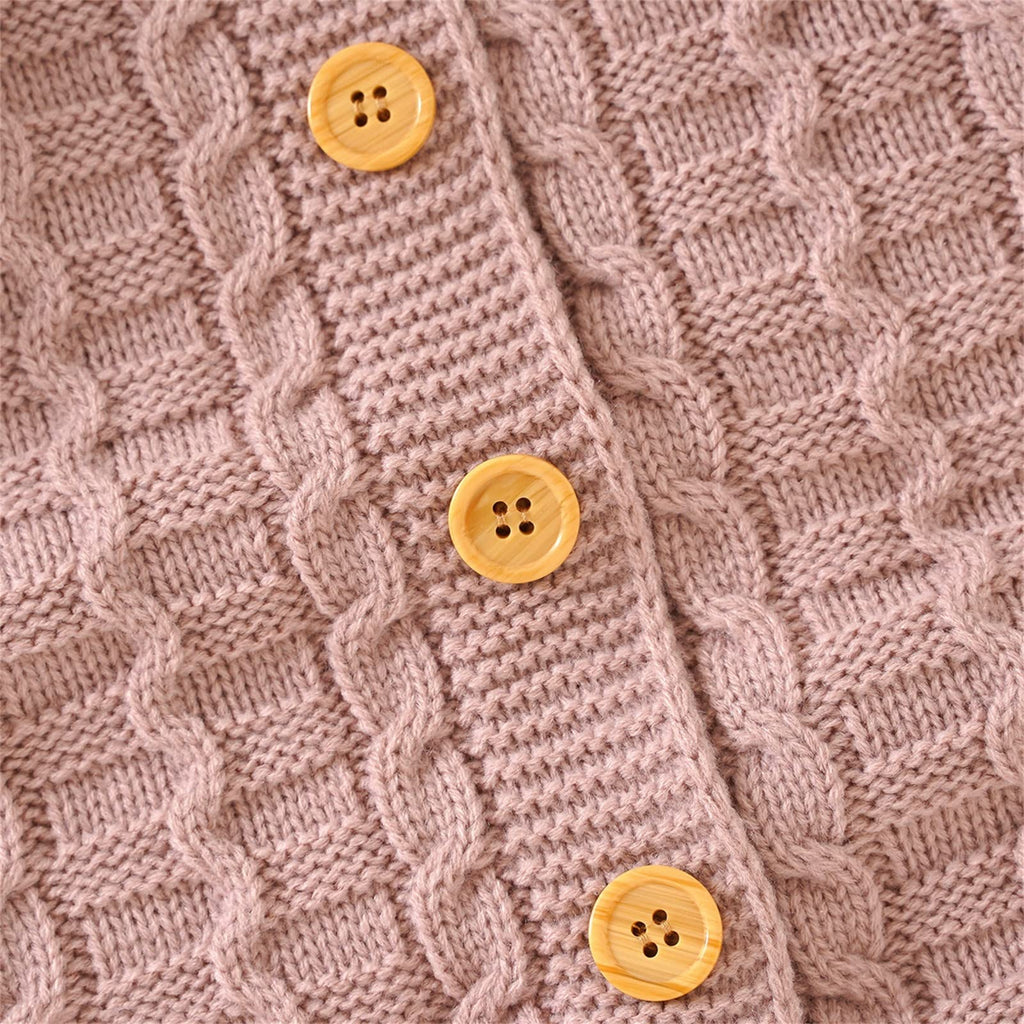 Baby Cable Knit Romper Set Front‐Button Jumpsuit with Pom‐Pom Beanie