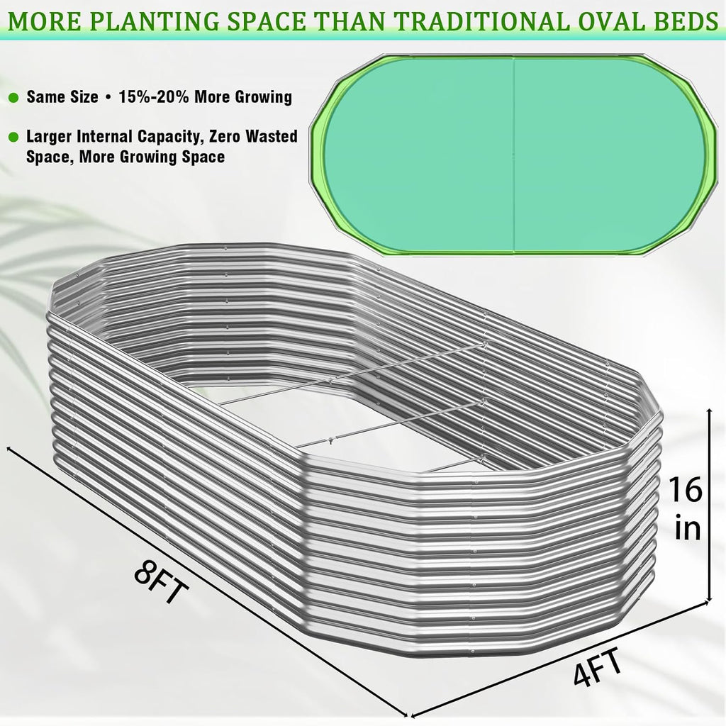 Raised Garden Bed Outdoor Upgrade Oval 2 Pack Tall 8x4FT, Galvanized Metal Garden Beds to Grow More in the Same