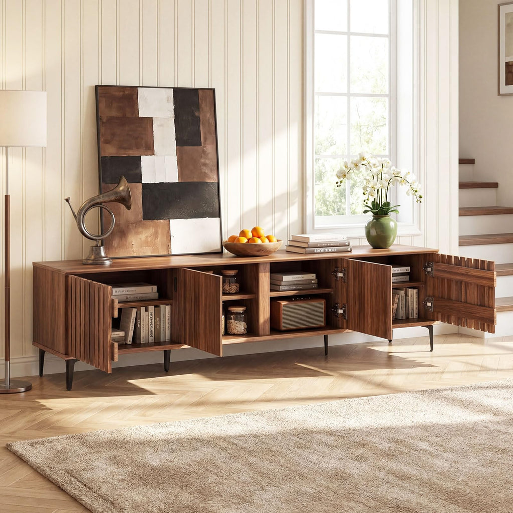 4-Door Slatted TV Stand for 80 Inches TVs, Mid Century Modern Entertainment Center with 4 Storage Cabinets, Wooden TV