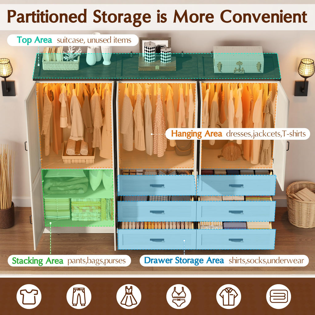 74" Tall Farmhouse Armoire Wardrobe Closet with Sensor LED Light(White ABB)