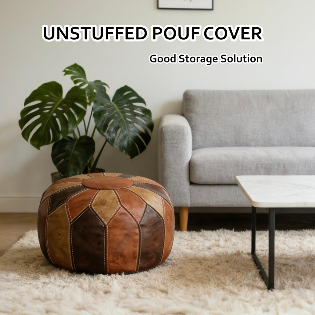 Round Unstuffed Pouf Cover, Faux Leather Storage Ottoman, Boho Moroccan Foot Stool, Multi-Purpose Home Decor and