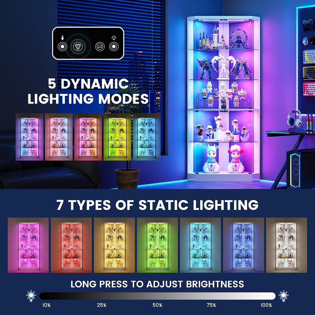 5-Tiers Corner Display Cabinet with RGB Light for Collectibles,White | 69" Tall Curio Cabinet Display Case with Lock