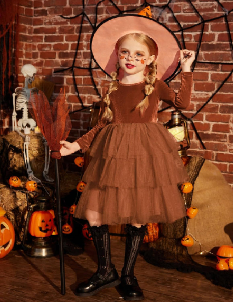 Toddler Velvet Dress Tiered Tulle Fall Party Long Sleeve Dresses
