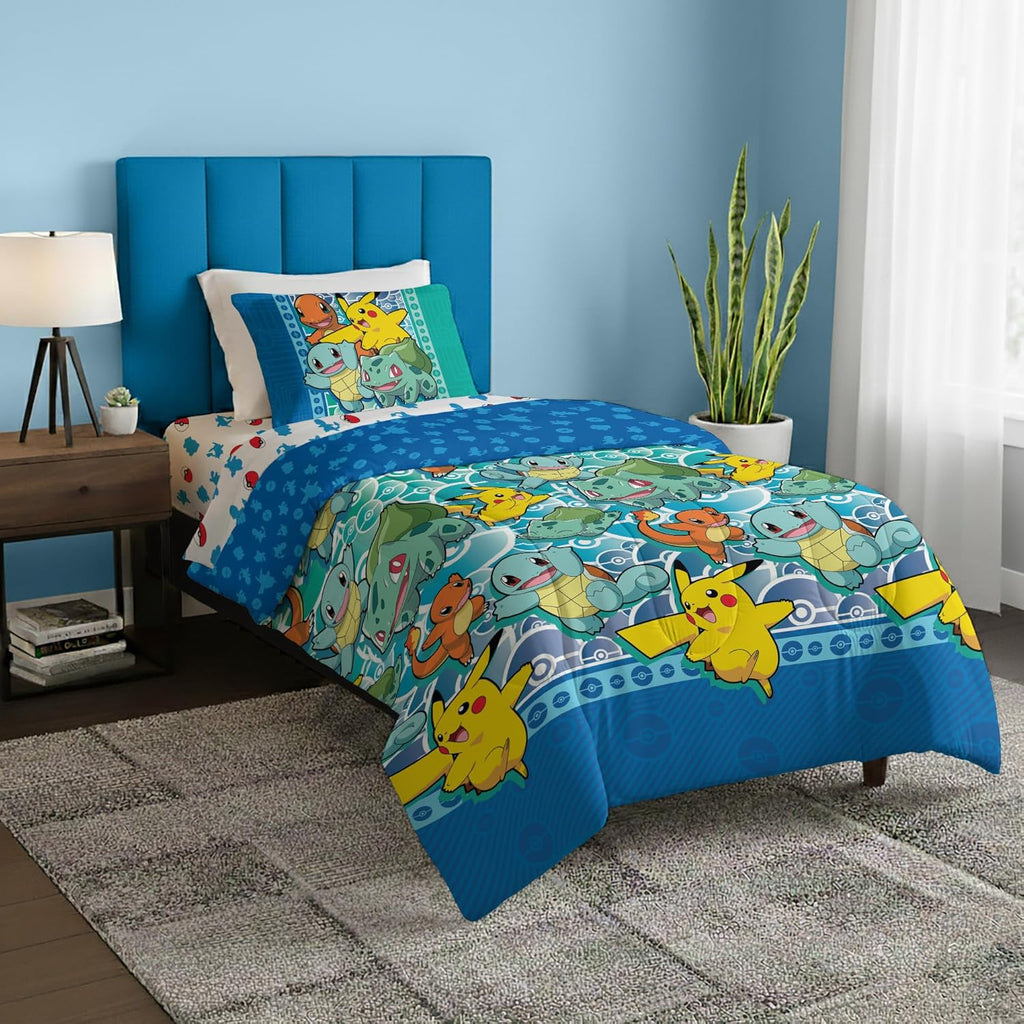 Twin Bed in a Bag Set, Pikachu Charmander Squirtle Bulbasaur, Kids Boys Girls Bedding Comforter Sheets
