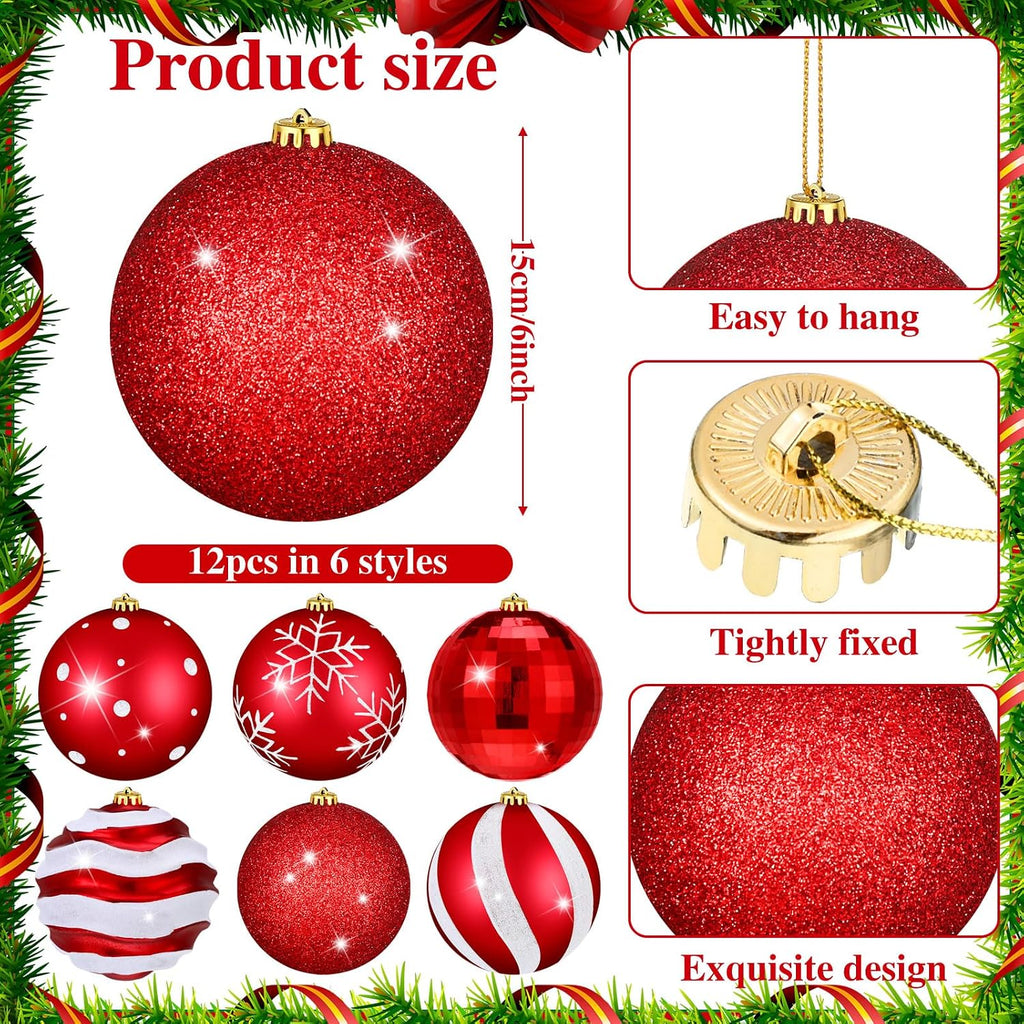 12 Pcs 6 Inch Retro Christmas Ball Ornaments Shatterproof