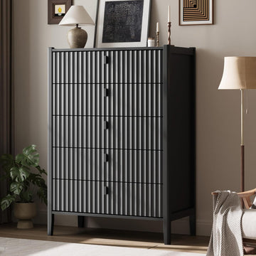 Black 5 Drawer Dresser, Modern Tall Dresser , Fluted Wood Chest of Drawers with Deep Drawers for Clothes, Storage
