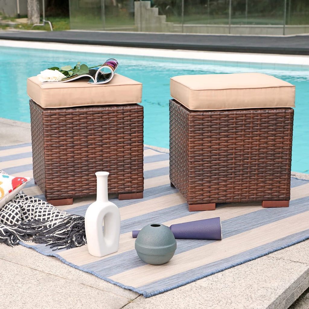 2 Pieces Assembled Outdoor Patio Ottoman, Dark Brown Wicker, Beige