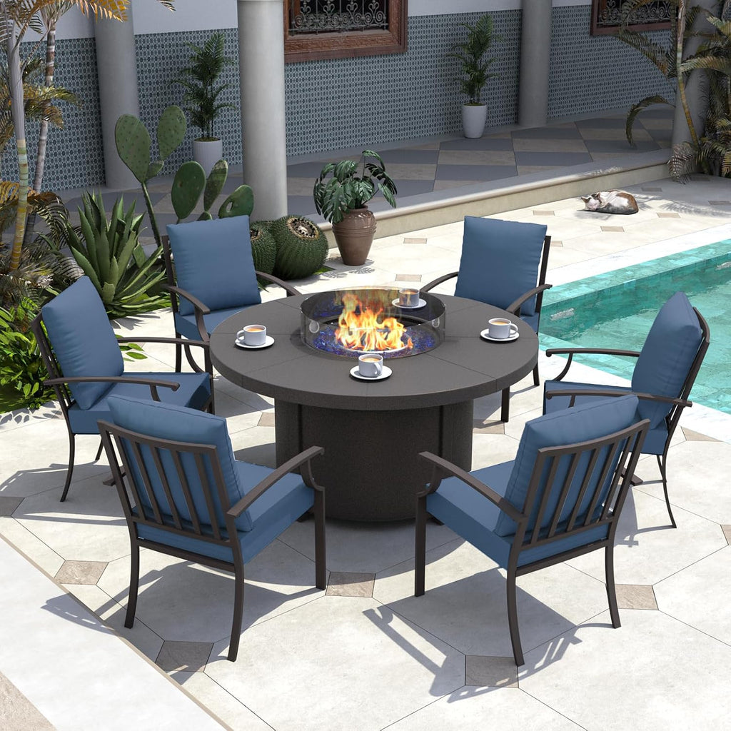 7 Piece Metal Outdoor Patio Furniture Set with 48" Round Fire Pit Table, Patio Conversation Sets 6 Fixed Chairs with