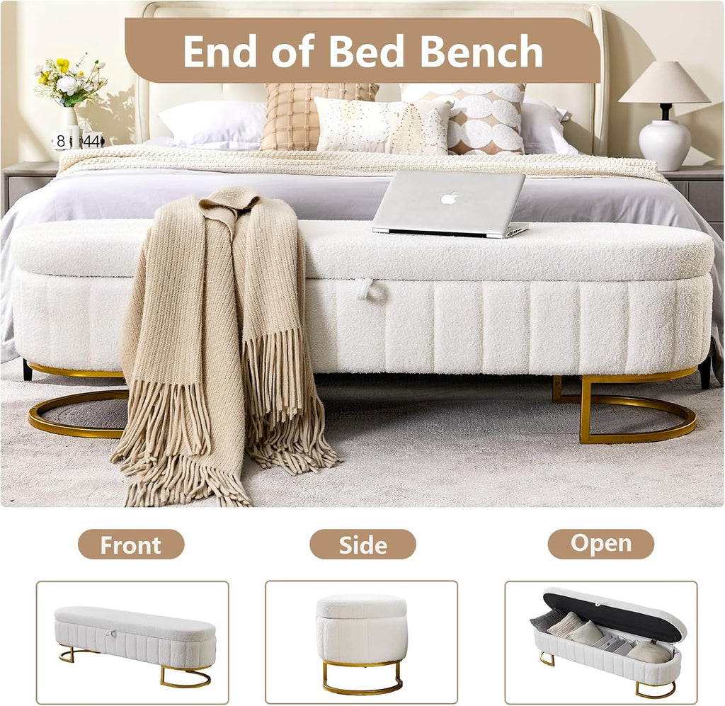 65" Curved Storage Ottoman Bench , Upholstered End of Bed Bench for King Size Bed, Oval Storage Bench with Gold Metal
