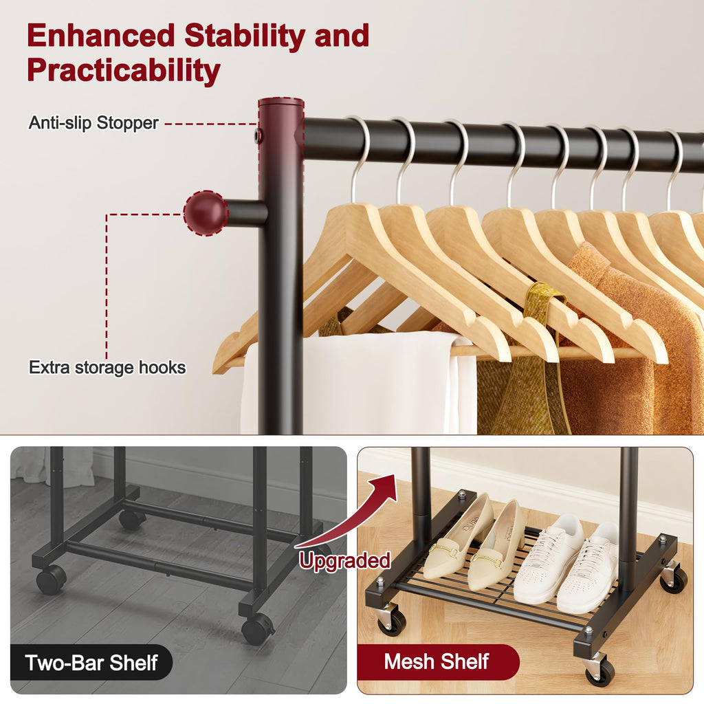 Small Clothes Racks for Hanging Clothes, Rolling Clothing Rack with Shelves, 60" Metal Garment Rack with Wheels