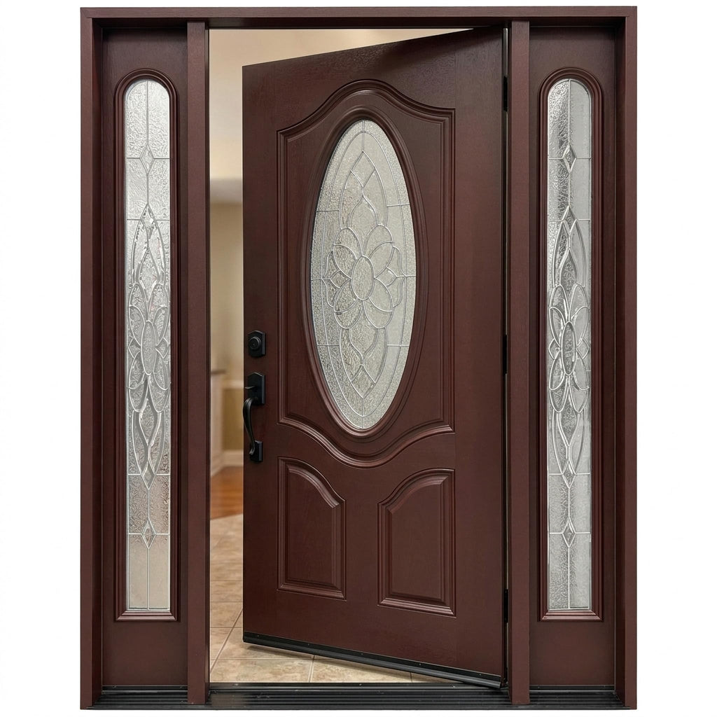 Major Fiberglass Entry Door with Glass Beautiful Flower Glass Stained Dark Mahogany (Right-Hand, Single Door