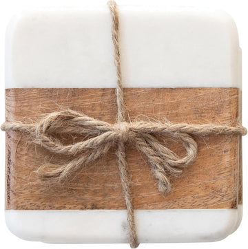 Marble & Acacia Wood Coasters, White & Natural - Set of 4