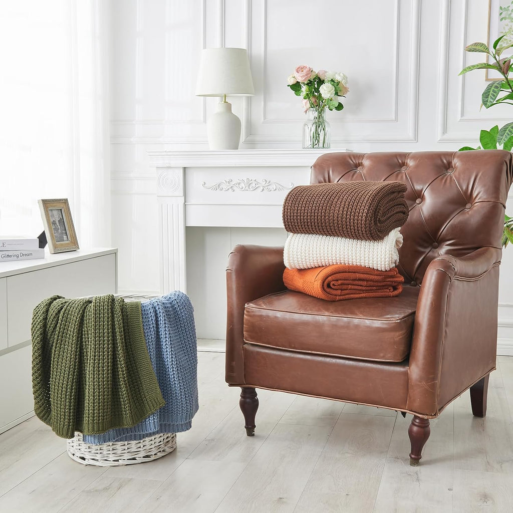 Brown Throw Blanket, Soft Chunky Cable Knit Throw Blanket, Classic Fisherman's Rib Stitch Pattern Throw, 50"X60"