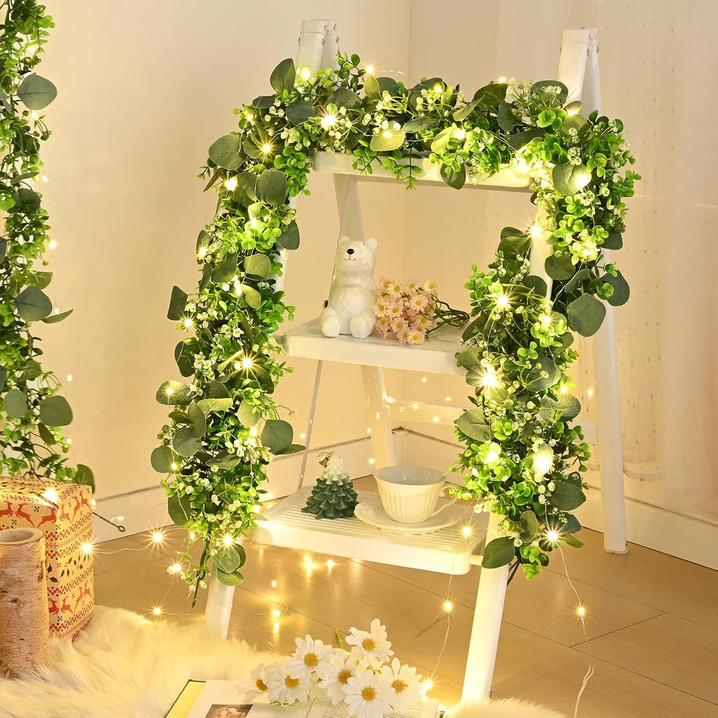 Eucalyptus Garland with Lights, Greenery Garland, Green Garland with Flowers, 5.9FT Artificial Faux Eucalyptus - Set of 4