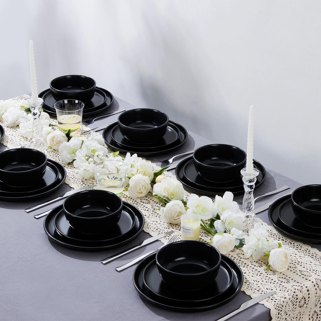 16 Piece Dinnerware Sets with Double Bowls for 4, Black Onyx