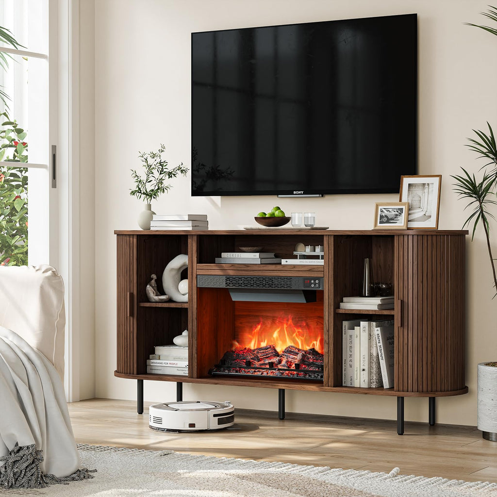 63" Fluted Fireplace TV Stand with 23" Electric Fireplace, Walnut