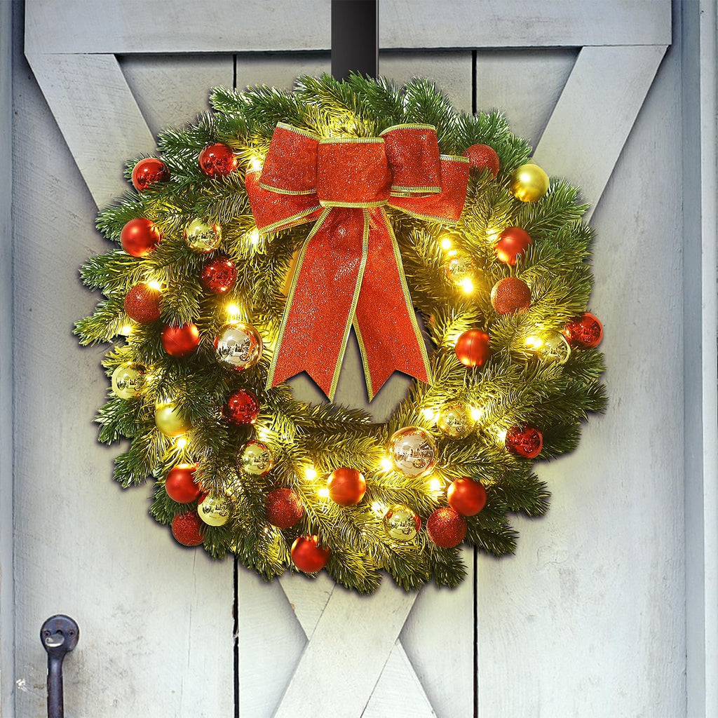 16 Inch Pre-Lit Christmas Wreath with Metal Hanger, Large Red Bow and Colored Balls, Battery Operated with Warm White