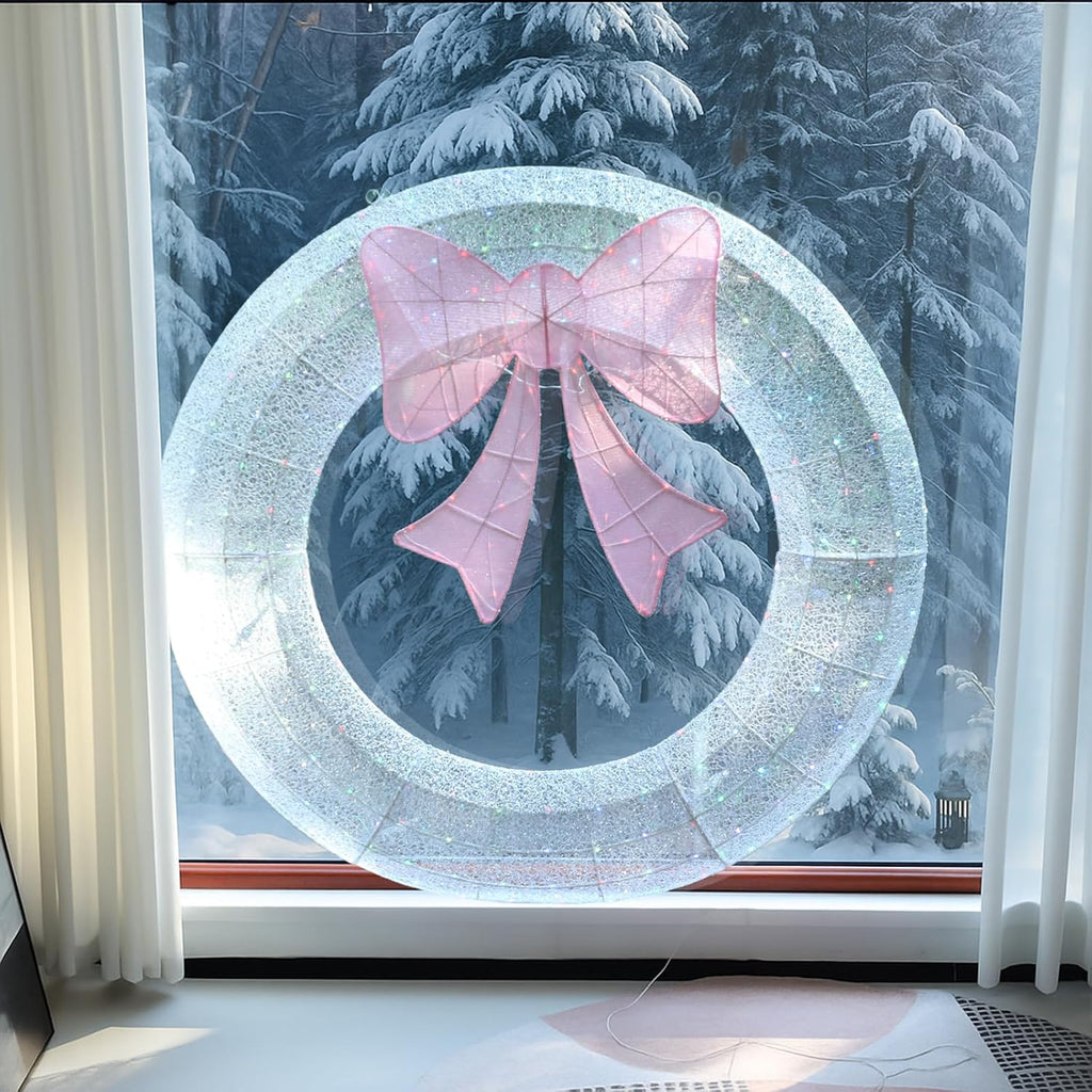 60IN Prelit Outdoor Christmas Wreath Decoration, Large Silver Lighted Metal Front Door Garland with Pink Bow, 280 RGB