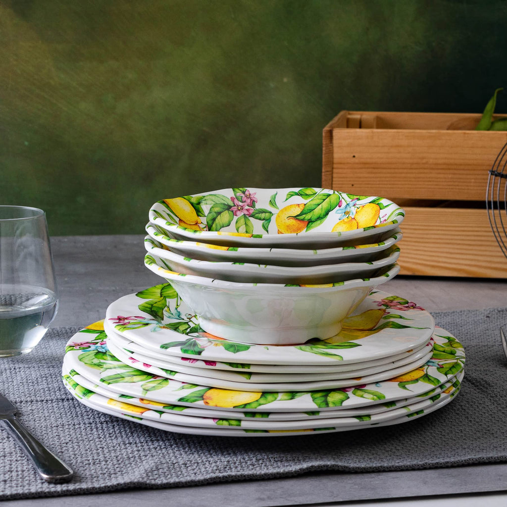 Lemon Melamine Dinnerware Dish Sets, 12 Piece Plates and Bowls Sets
