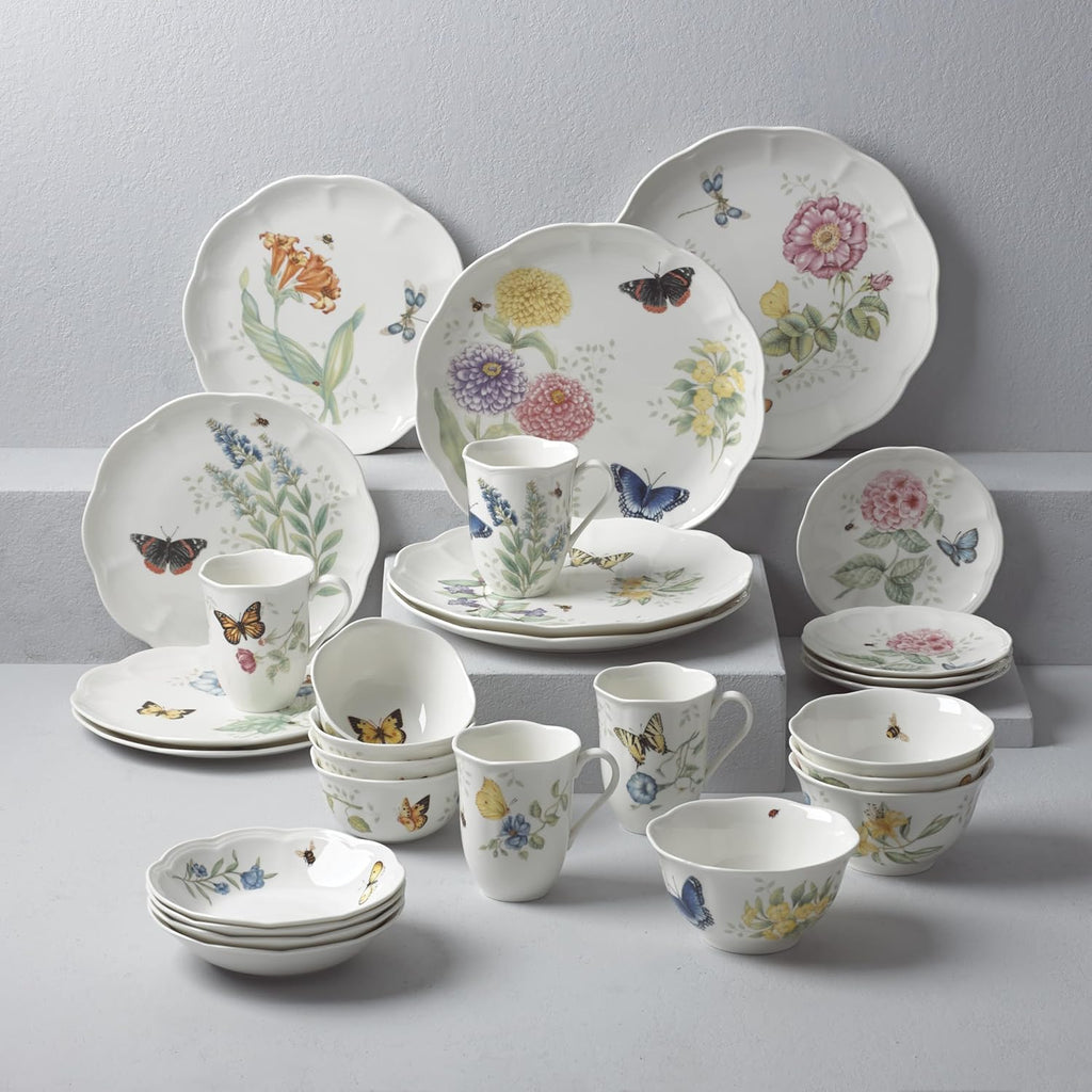 Dinnerware Set, Butterfly Meadow 28-Piece Set, Service For 4, Porcelain Plates With Scalloped Edges