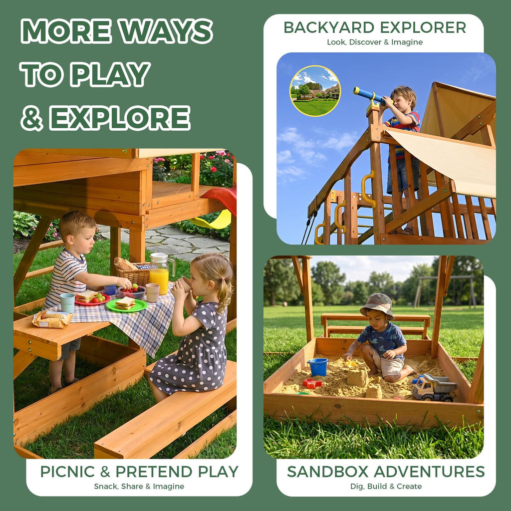 Wooden Swing Sets for Backyard, Outdoor Playset with Climbing System