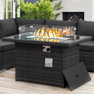 Wicker Propane Fire Pit Table, 60000 BTU Large Natural Gas Firepit Tables, 43'' Rectangle CSA Fireplaces Backyard