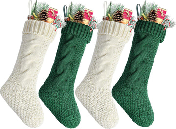 Ivory and Green Cable Knit Christmas Stockings Bulk Family Vintage Xmas Stockings for Fireplace Hanging 20" Long,4