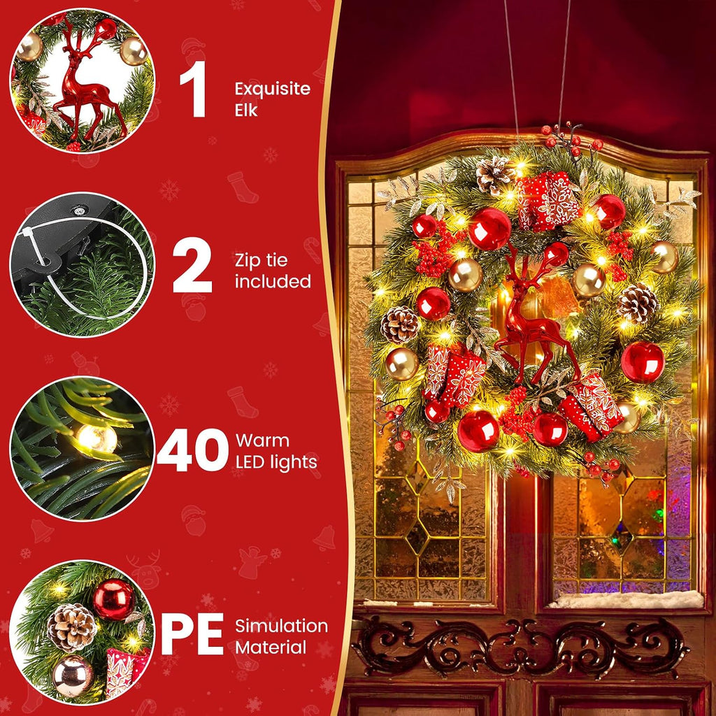 Lighted Christmas Wreath Front Door - 16'' Reindeer Winter Wreath with 8 Modes Timer, Red Gold Balls, Snowflakes