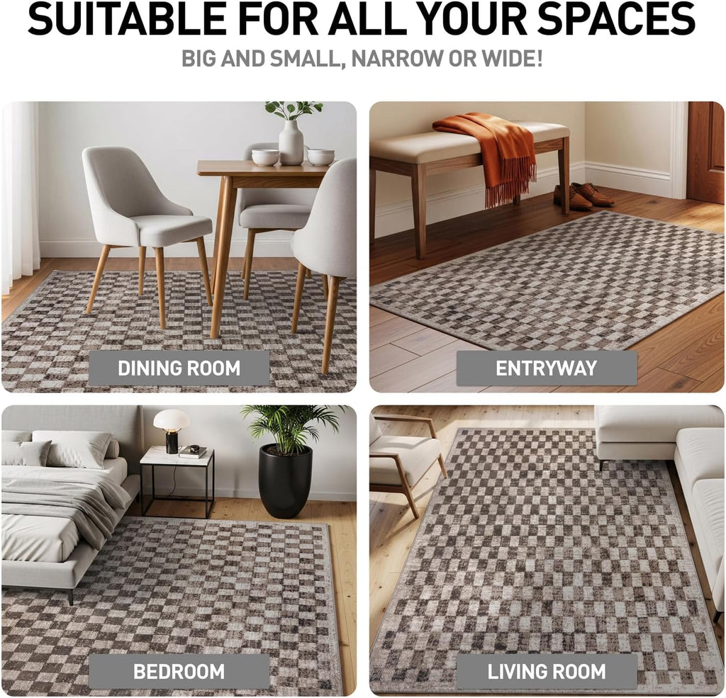 Contemporary Checkered Grid Textured Area Rug Beige