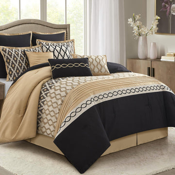 Queen Comforter Set, Black Gold, 10 Piece Bed in a Bag for All Seasons, Luxury Extreme Comfort Bedding Sets with