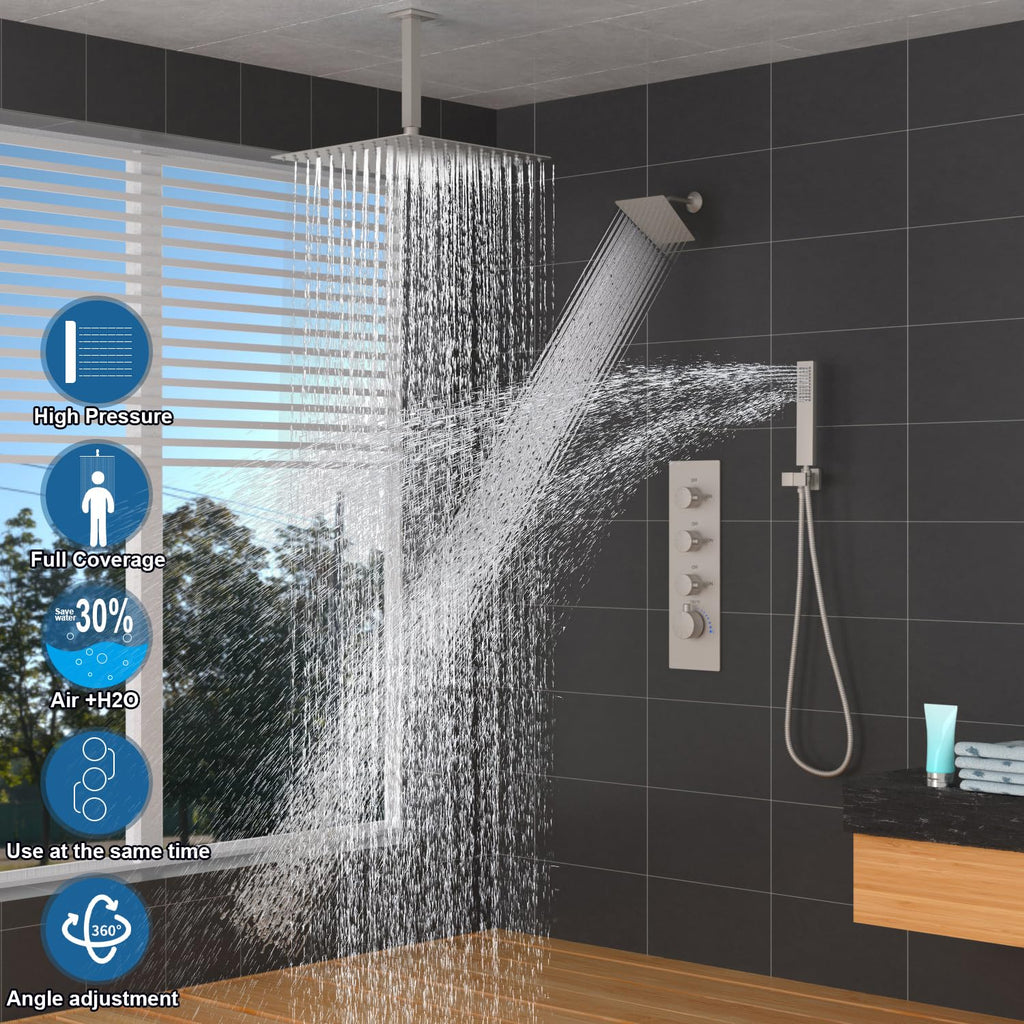 Thermostatic Dual Head Shower System, 16" + 6" Dual Rainfall Shower System (Can All Run Together & Volume Adjustable)