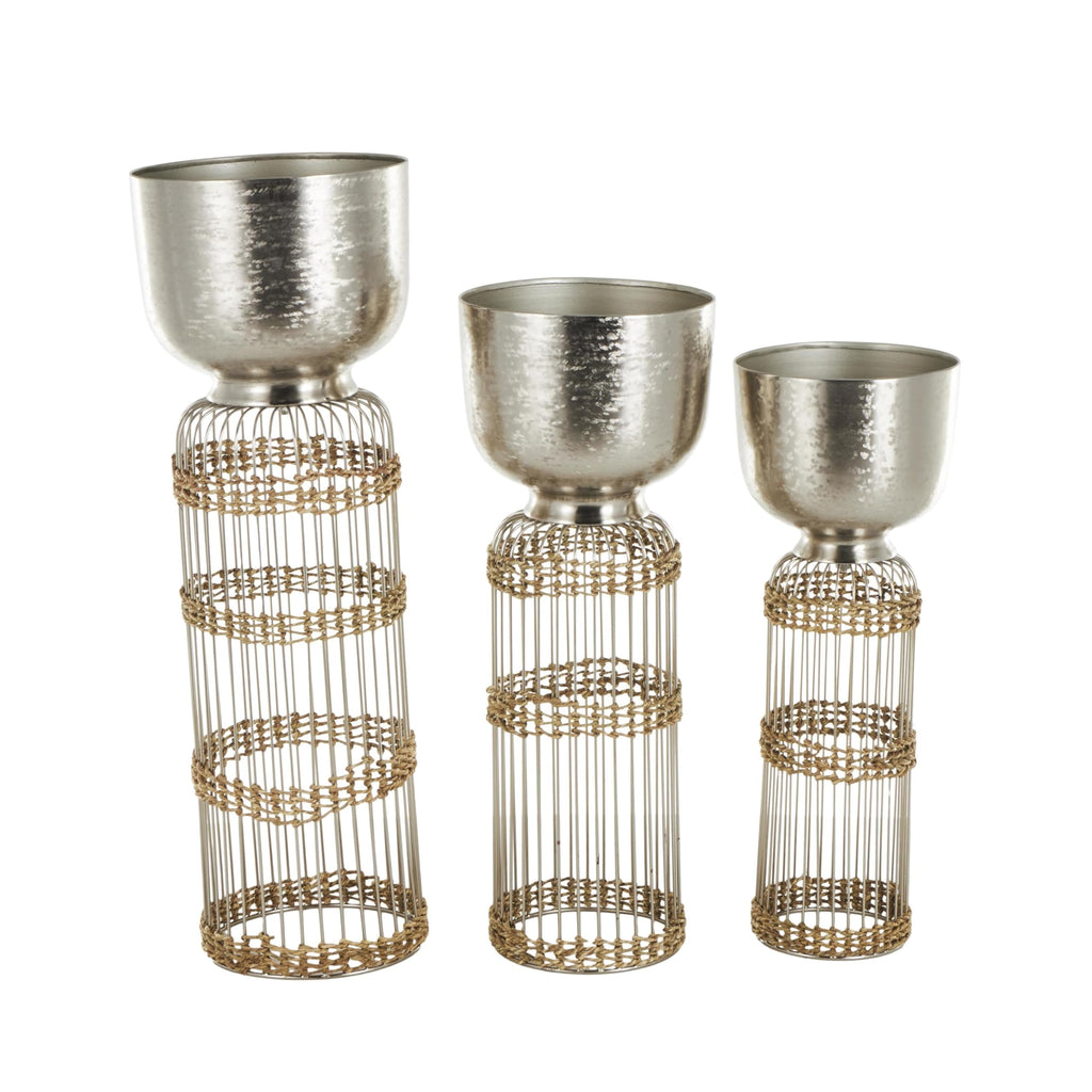 Metal Indoor Planter Textured Dome Large Planter Pot with Woven Seagrass and Caged Rod Pedestal Base, Set of 3