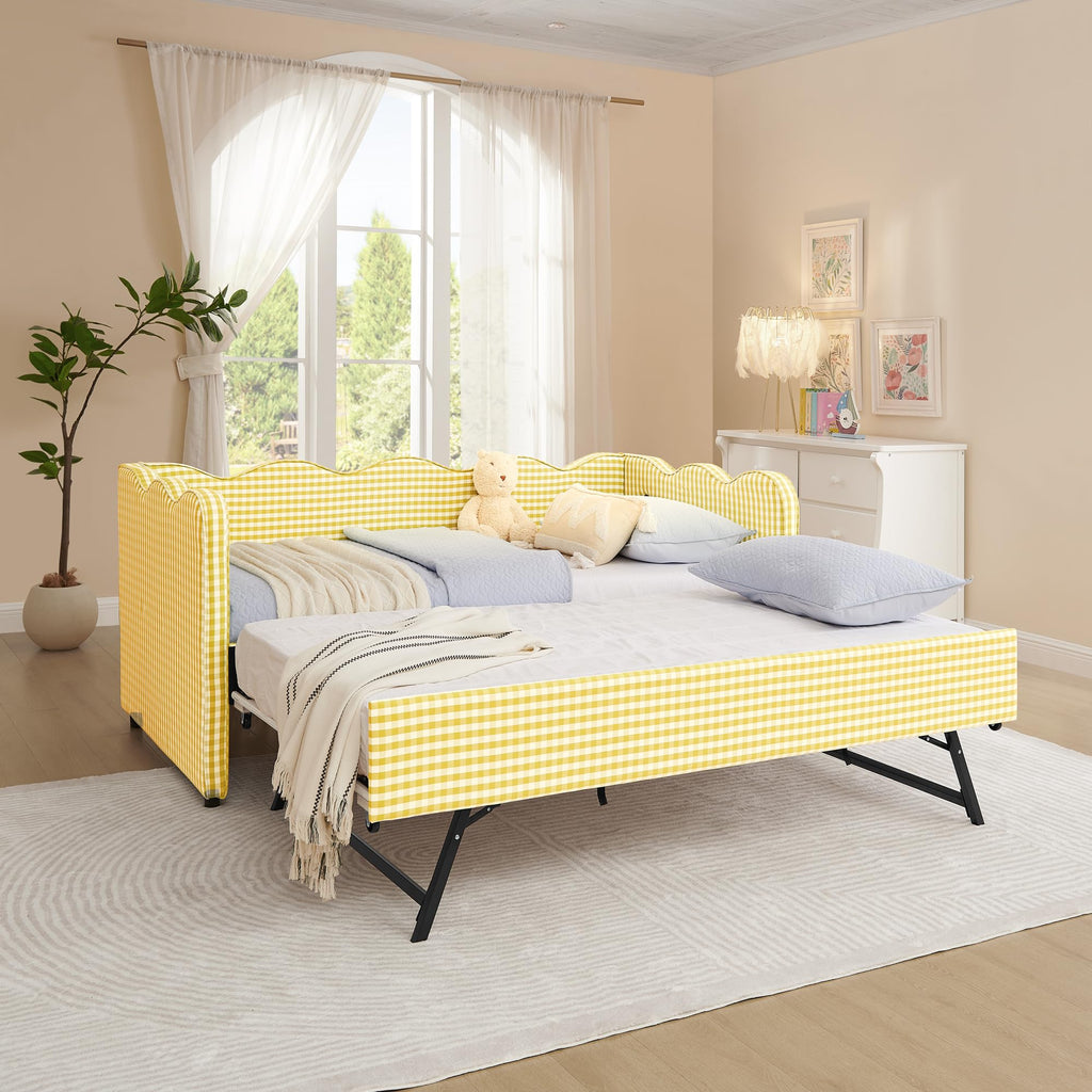 Twin Size Gingham Upholstered Daybed with Pop-Up Trundle, USB, Yellow