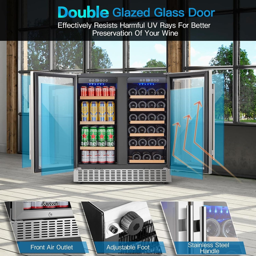 30 Inch Dual Zone Wine and Beverage Cooler,28 Bottles & 110 Cans Wine Fridge,Bui