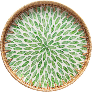 14 inch Round Rattan Tray Home Decor, Wicker Serving Tray with Mother of Pearl Inlay, Boho Decorative Tray for Coffee