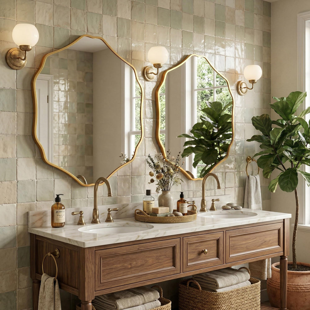 Irregular Hexagon Wall Mirror with Wavy Edge, Modern Decorative Mirror, Frameless Vanity Mirror