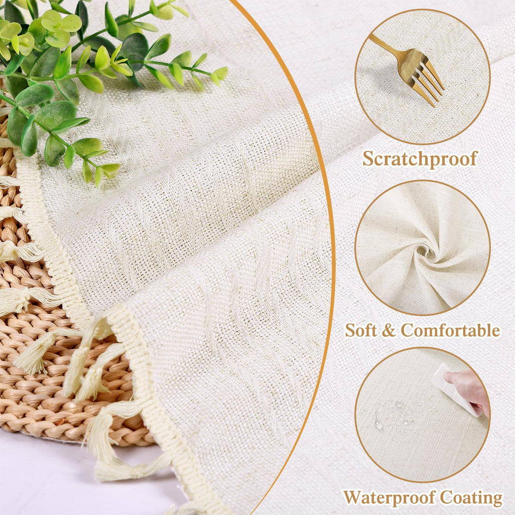 Linen Round Tablecloth 60 Inch Boho Beige Table Cloth with Tassels