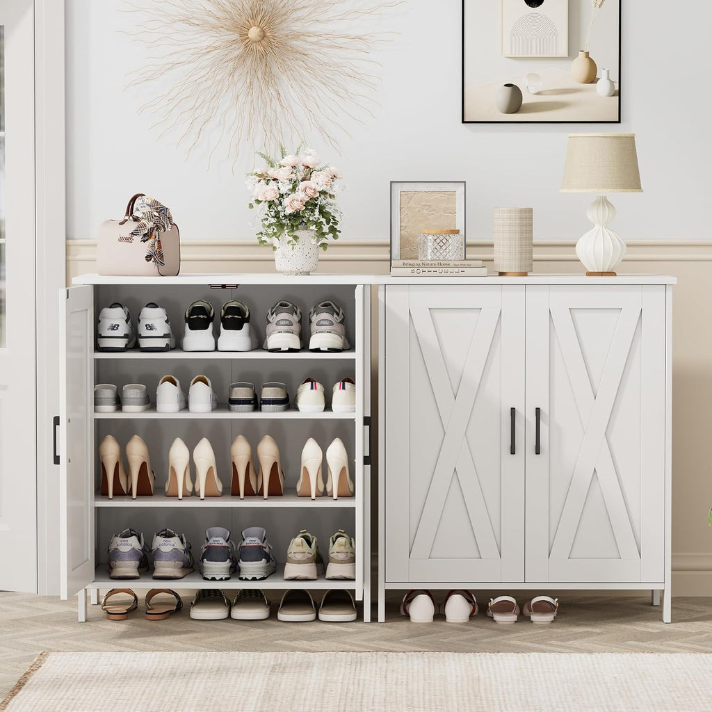 Farmhouse Shoe Cabinet with 2 Barn Doors & Wood Legs, 5-Tier Shoe Storage Cabinet with 3 Adjustable Shelves, Tall