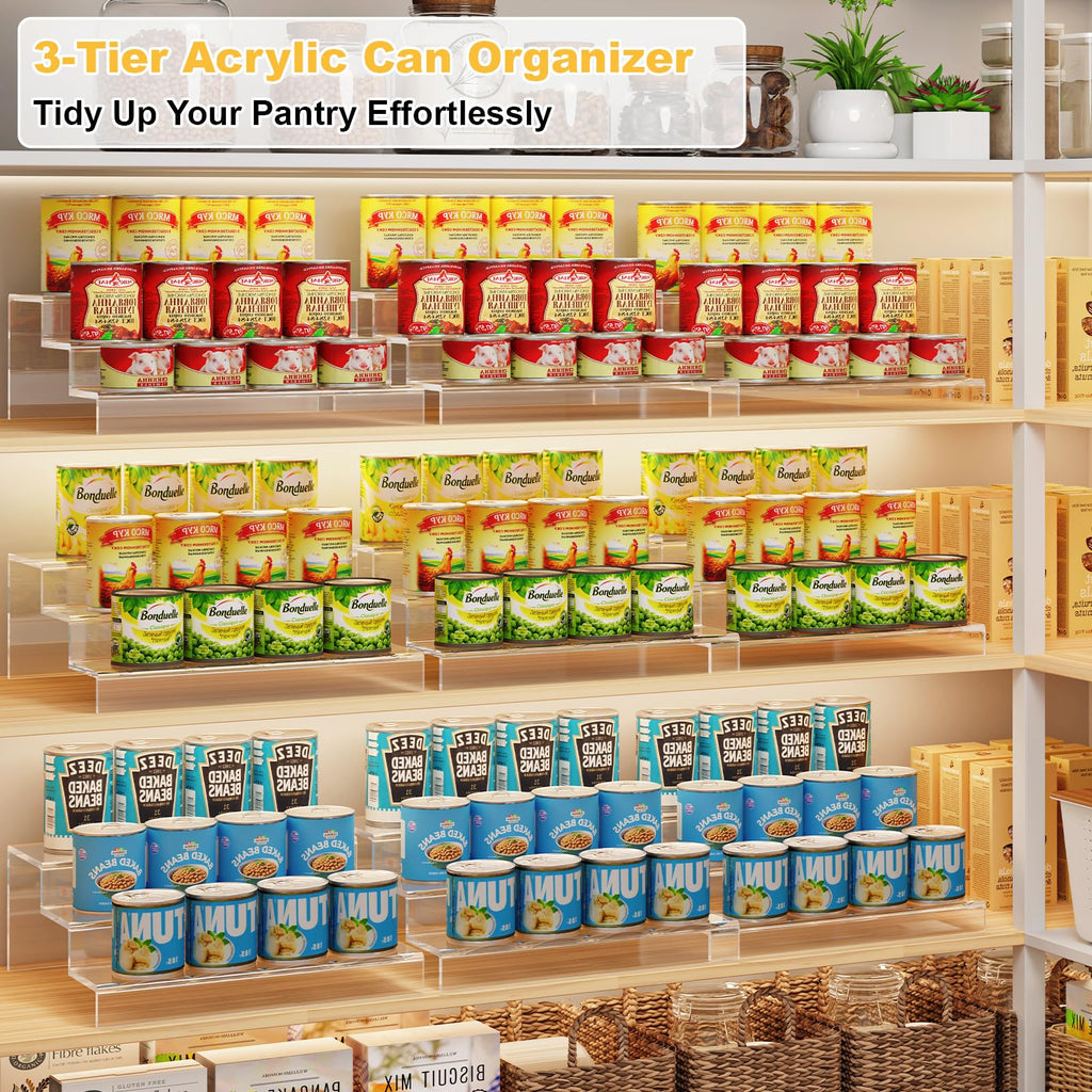 Expandable Clear Acrylic Can Organizer for Pantry, 3-Tier, Holds 24 Cans