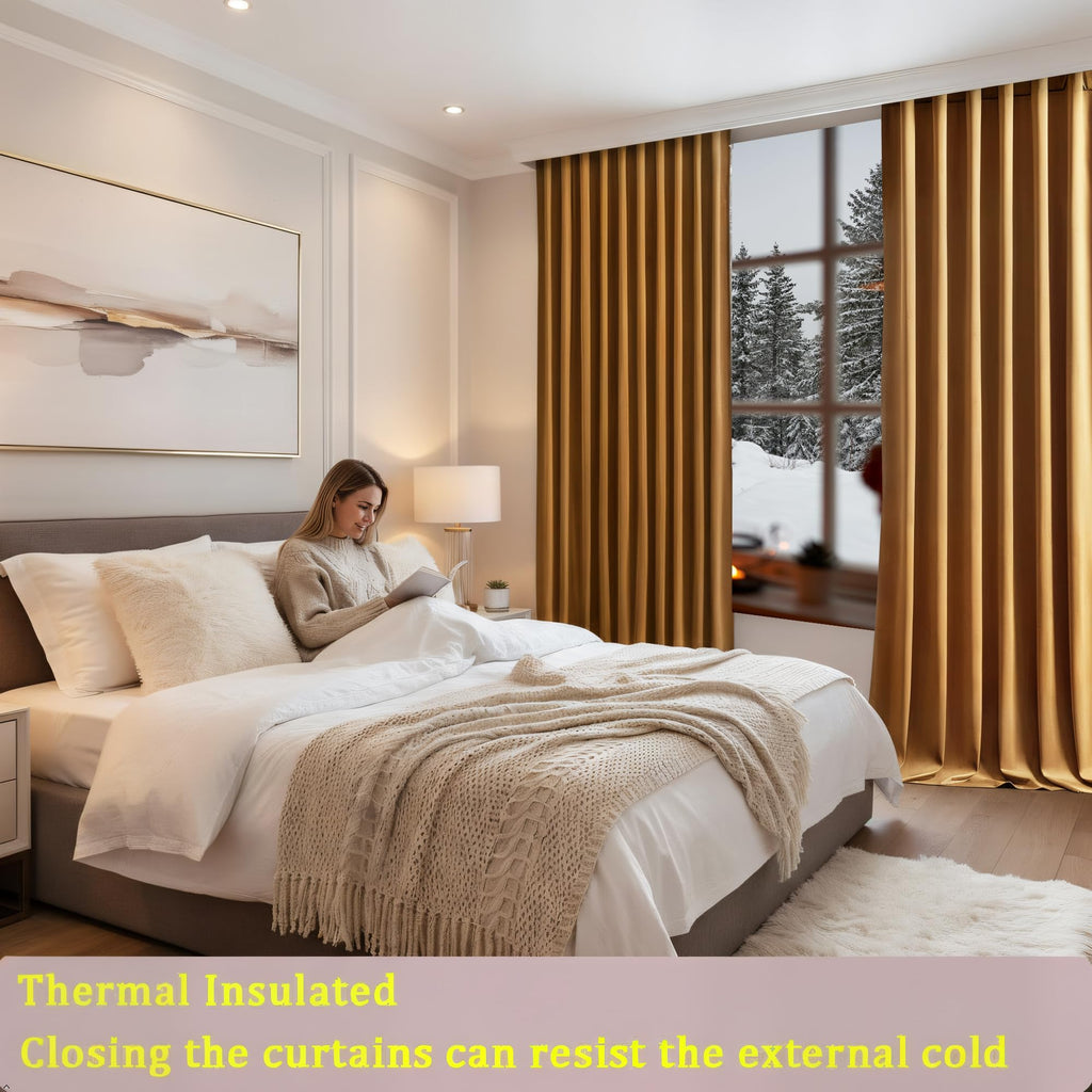 Gold Brown Velvet Blackout Curtains 52x84 inches, 2Pcs, Back Tab