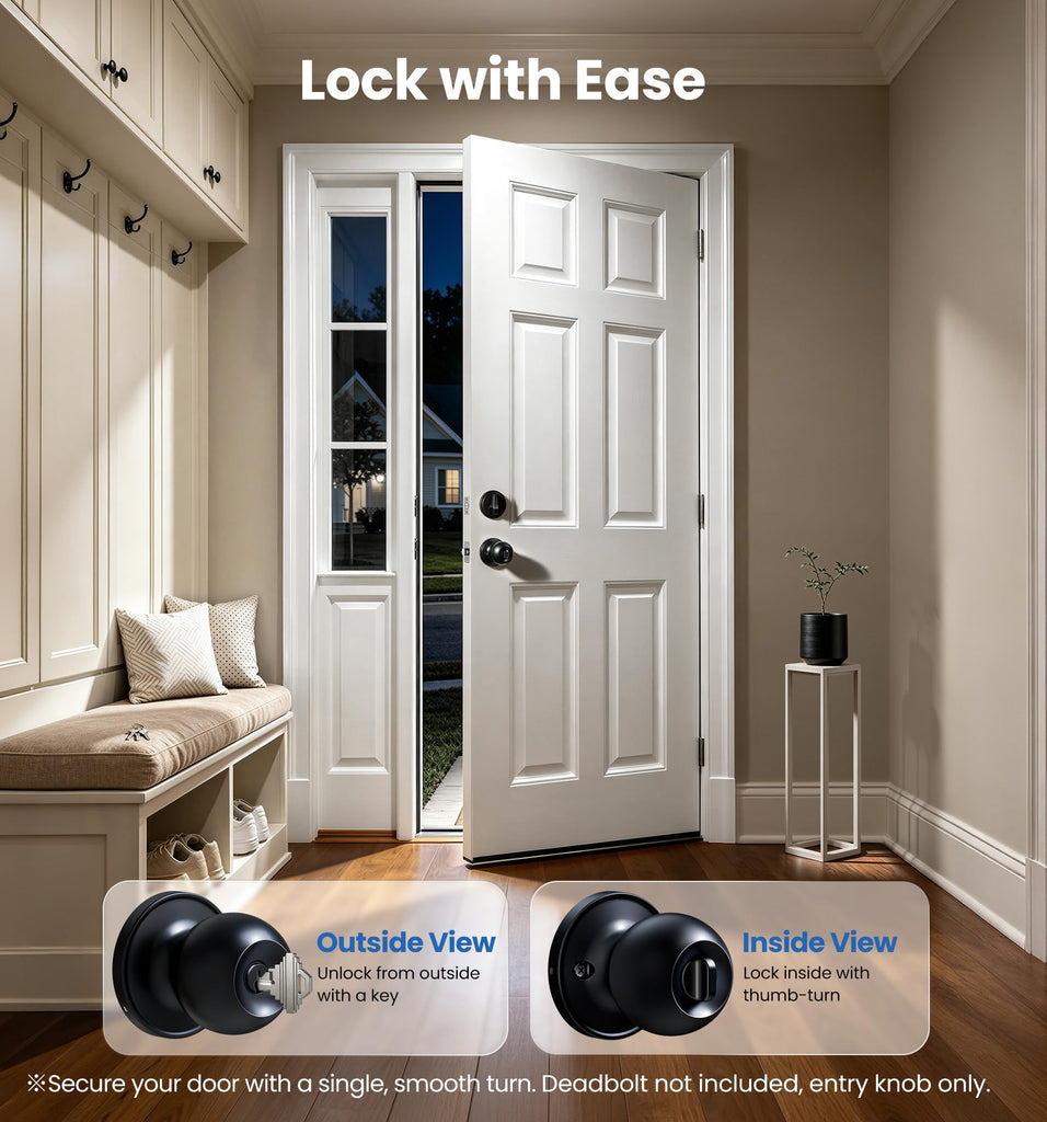 2 Pack Keyed Alike Entry Door Knobs with Lock & Keys, Matte Black