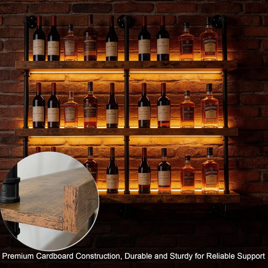 55" Wine Rack Wall Mounted with LED Lights, Industrial Pipe 3-Tier Floating Wine Shelf, Metal & Wood Wine Bottle and