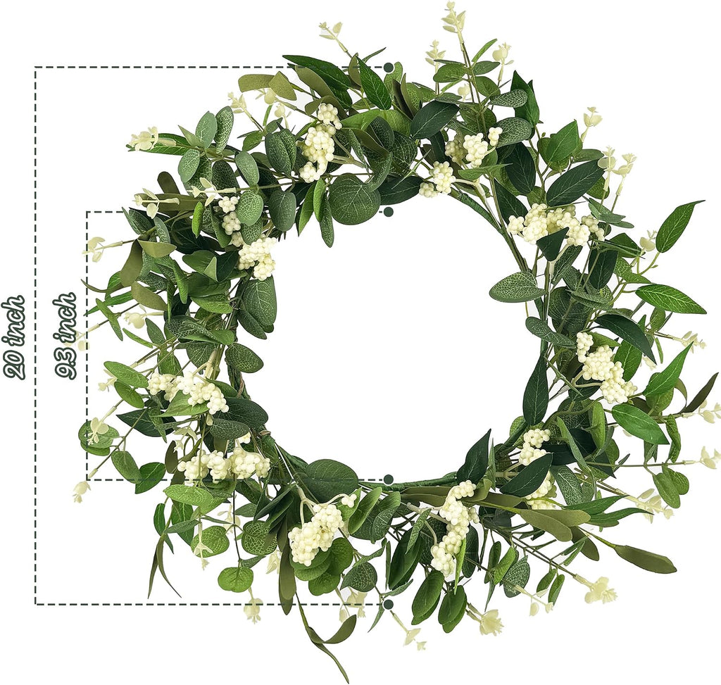 20" Artificial Eucalyptus Wreath for Front Door - All Seasons Greenery Wreath with Berries, Rustic Farmhouse Hanging