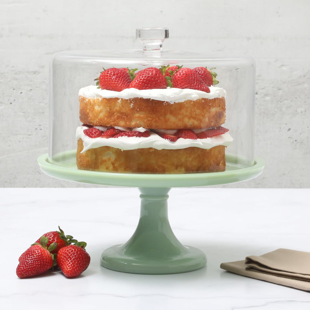 Highbrook 10-Inch Jadeite Cake Stand with Glass Dome - Vintage-Style Pedestal Dessert Plate for Cakes (up to 8.5")