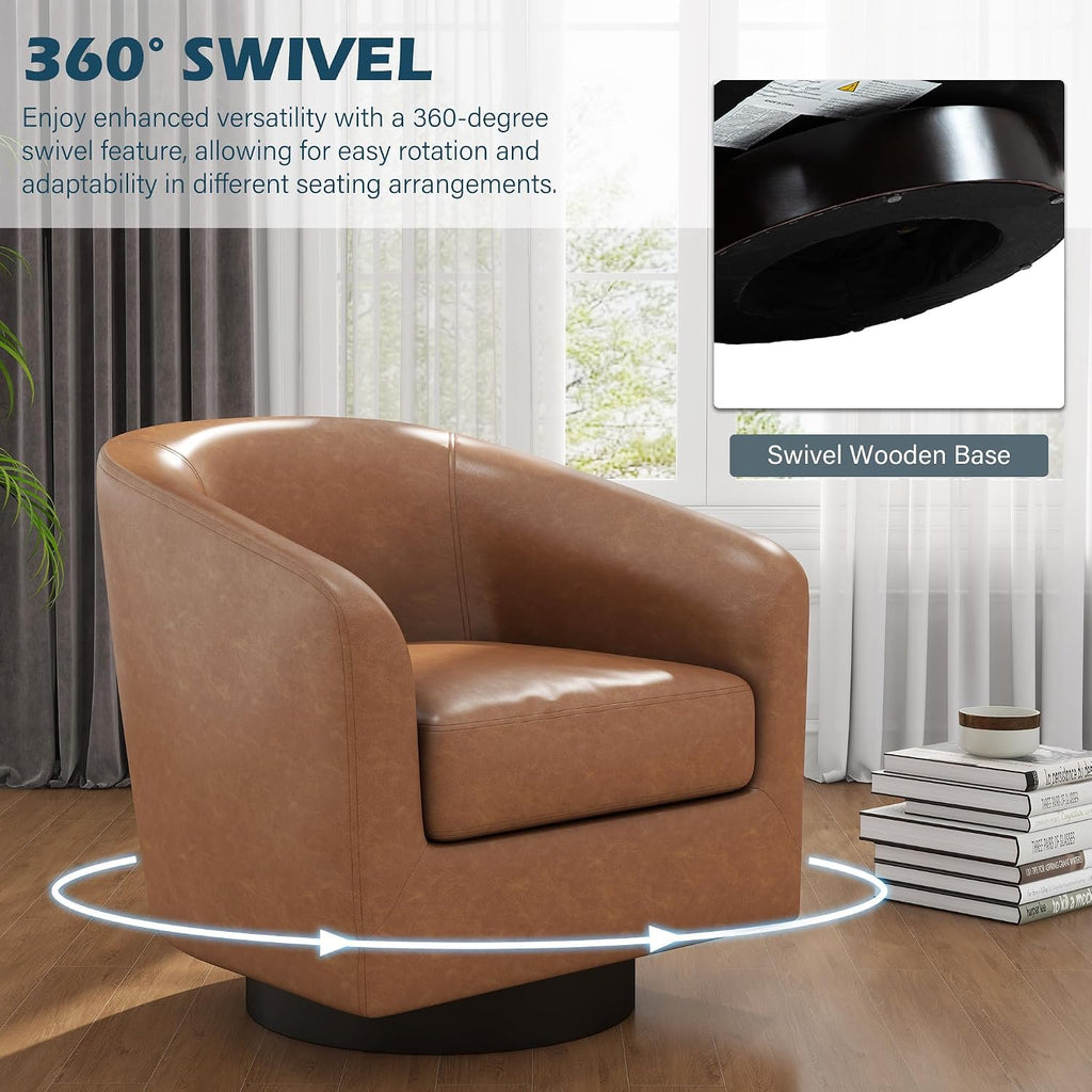 Swivel Accent Chair, PU Leather Upholstered Barrel Club Chair, Brown