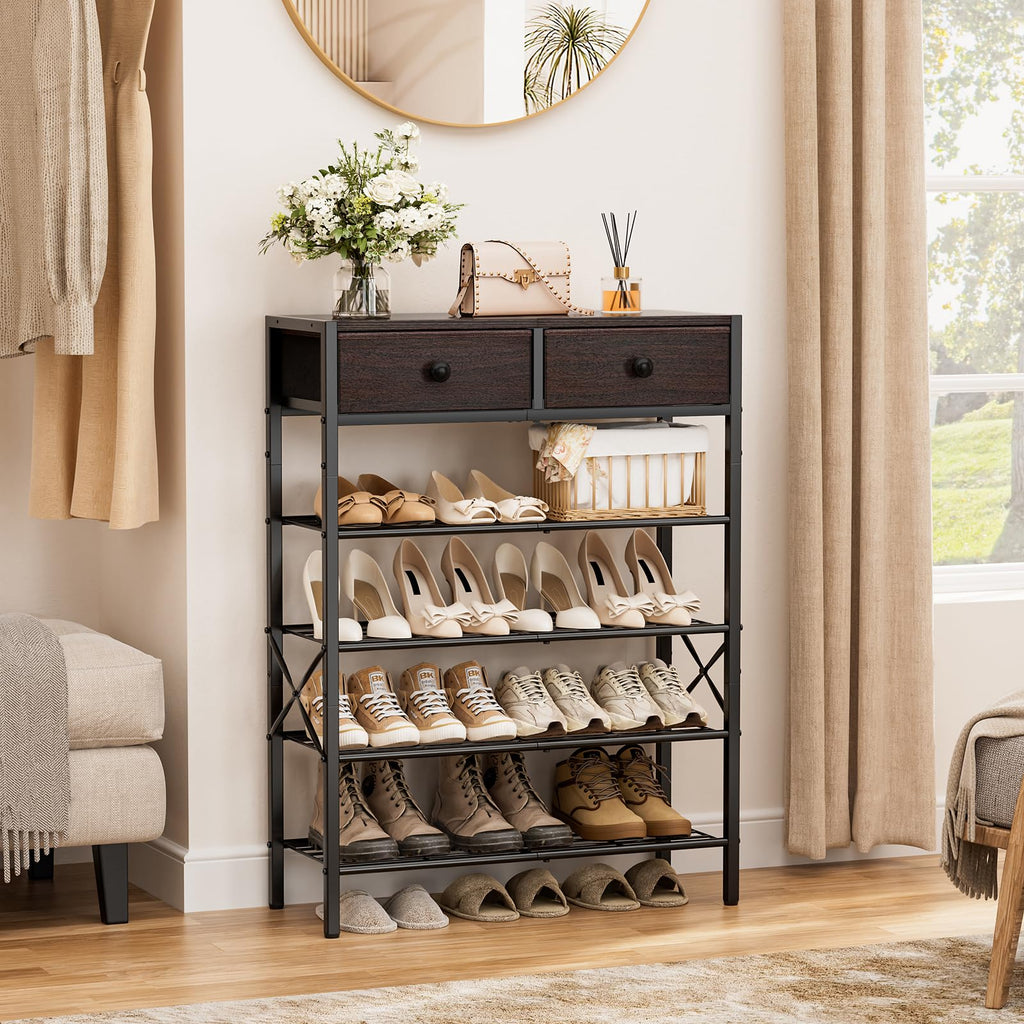5 Tier Shoe Rack with 2 Drawers, 16-20 Pairs Dark Brown