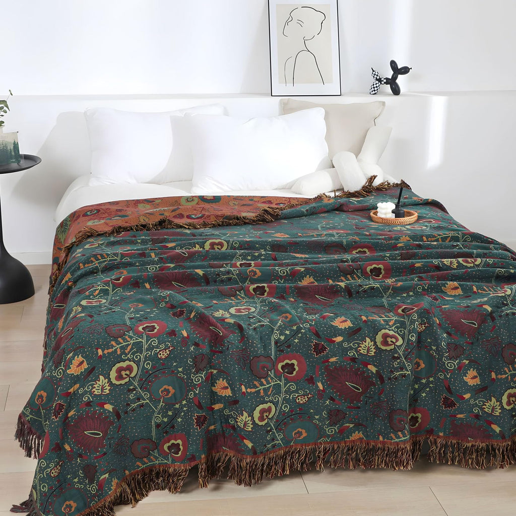 Boho Throw Blanket for Couch Bed, 100% Cotton Soft Rustic Quilt