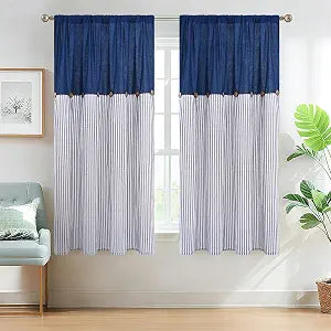 Farmhouse Curtains, Boho Bedroom Curtains with Rustic Buttons, Cotton Linen Back Tab Drapes Blue Striped Light