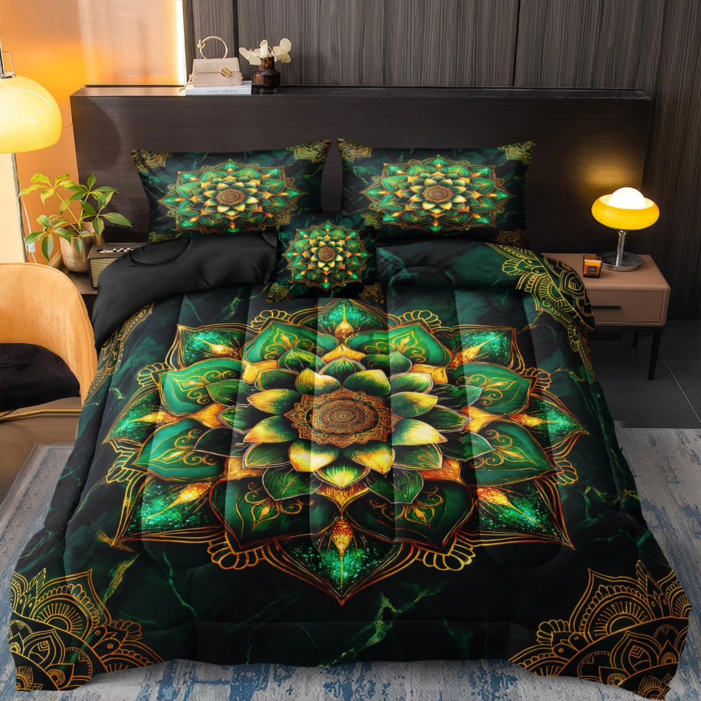 Green Marble Comforter Set Queen Size Mandala Floral Bedding Set Dark Green Mandala Print Boho Chic Bedding Super